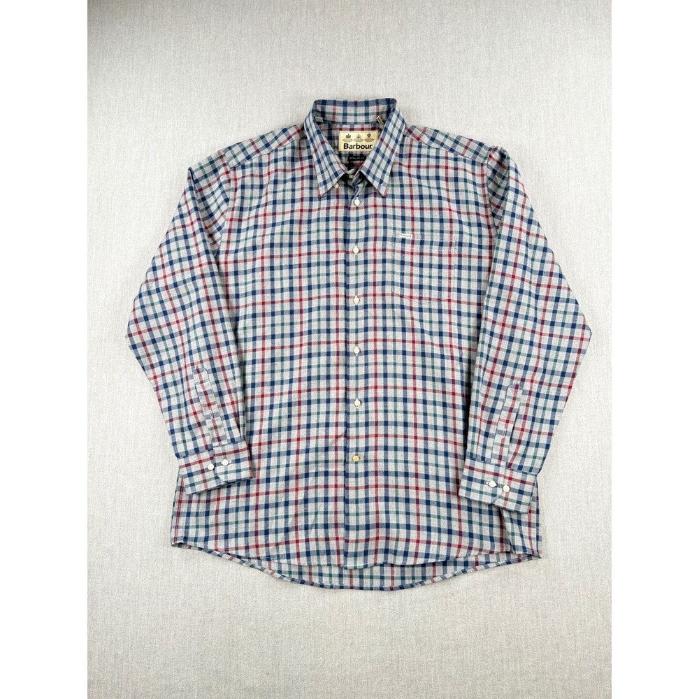 Barbour Mens XL Regular Fit Tattersall Check Button Down Shirt Grey Blue Red